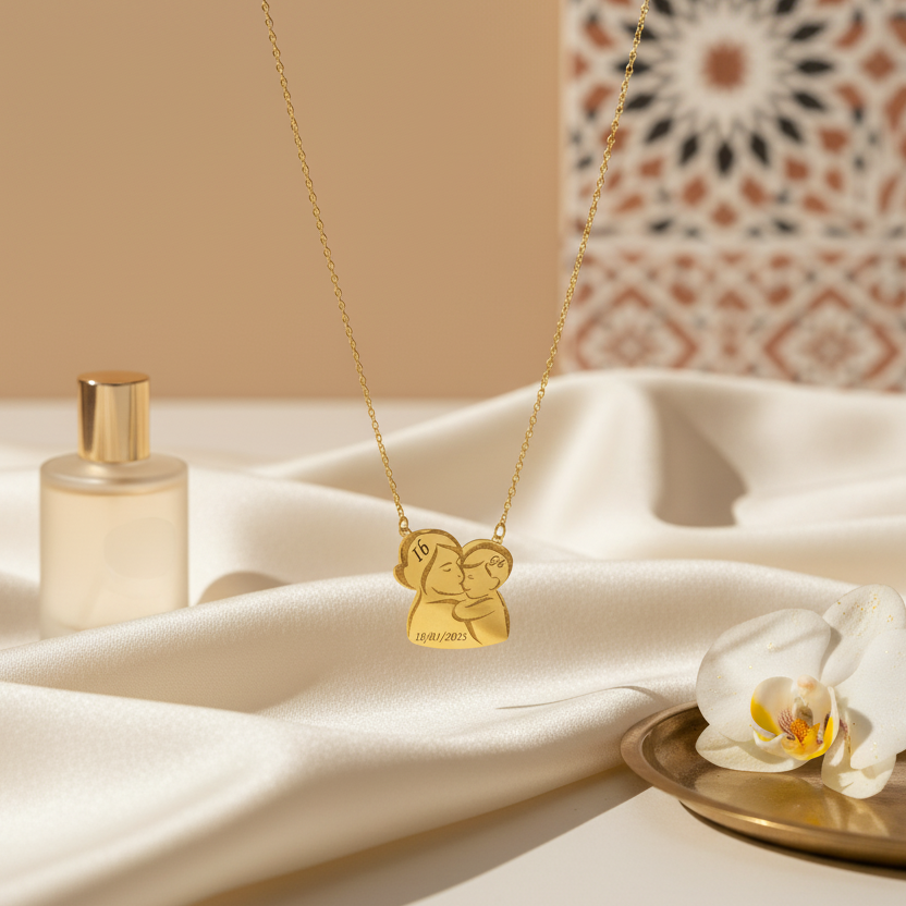 Collier Mom And Boy Personnalisé En Or 18K