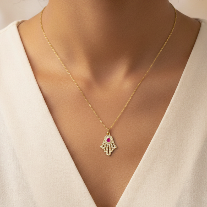 قلادة خميسة لامعة من الذهب عيار 18 قيراطًا 