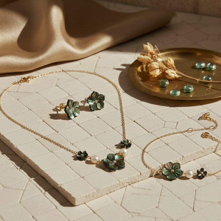 مجموعة من الذهب عيار 18 قيراطًا بنقاء لؤلؤي