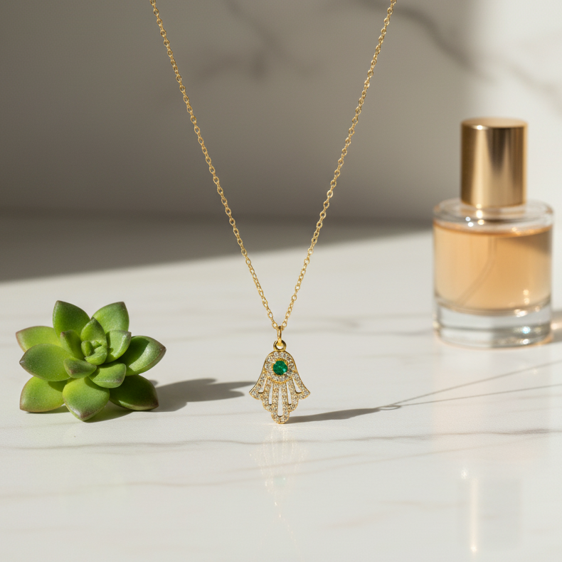 قلادة خميسة لامعة من الذهب عيار 18 قيراطًا 