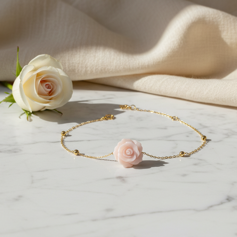 Bracelet Rose en Nacre Naturel en Or 18K