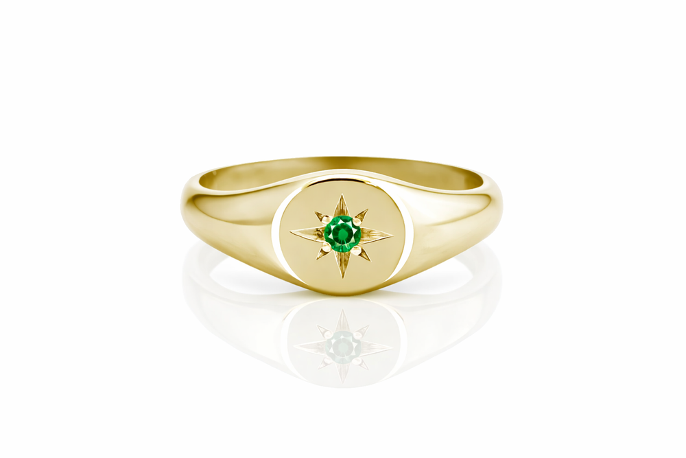 Bague Chevalière Étoile Verte en Or 18K