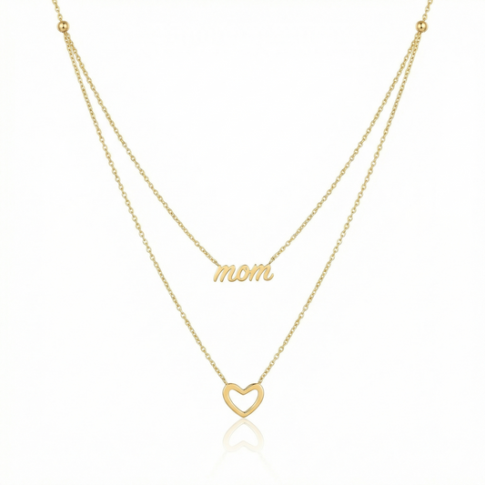 Collier Double Rang “Mom” avec Cœur en Argent