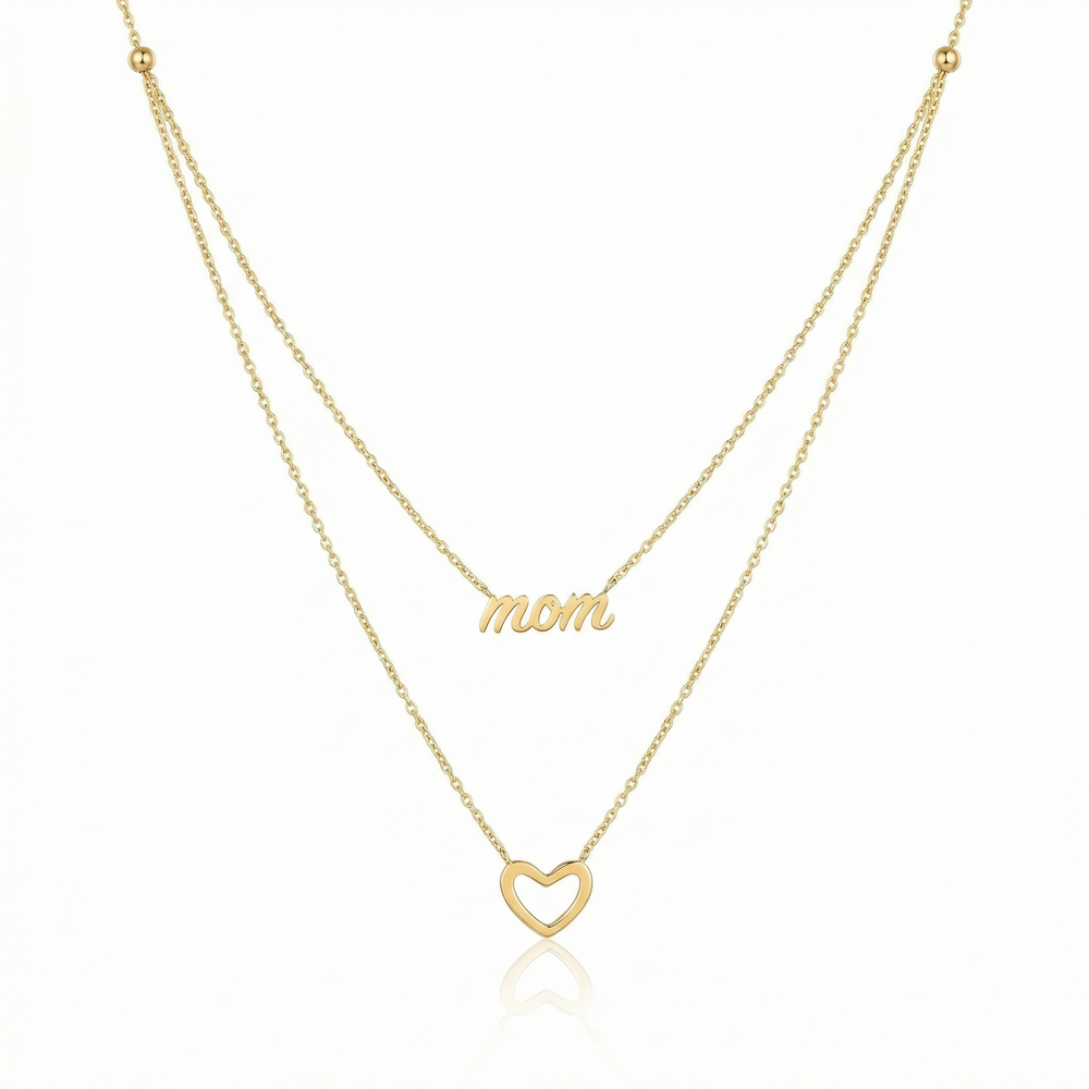 Collier Double Rang “Mom” avec Cœur en Argent