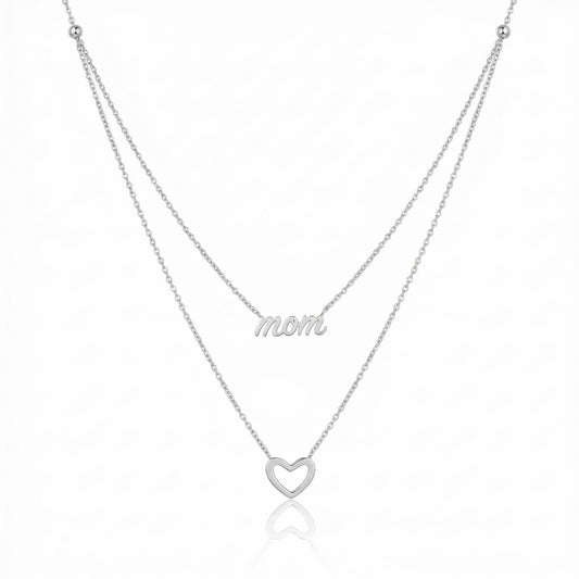Collier Double Rang “Mom” avec Cœur en Argent